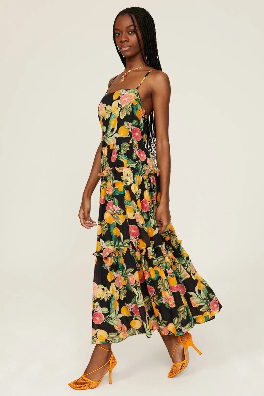 Cara Cara Harbour Island Citrus Print Black Strappy Cotton Dress Large NEW
